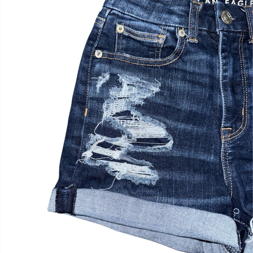 American Eagle Curvy Hi-Rise Shortie Jean Shorts Dark Wash Distressed Women’s 00 - Picture 5 of 8